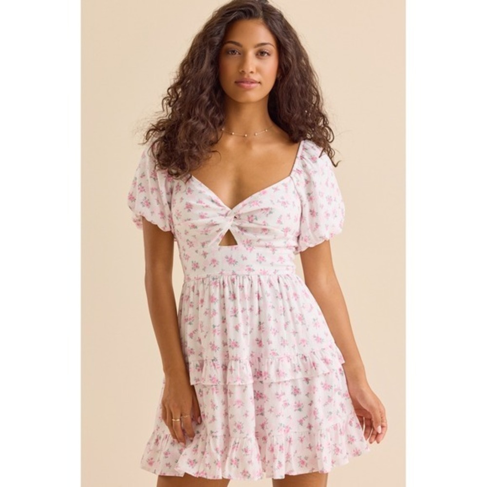 Altar'd State Mini Dress Ivory Pink Floral Puff Sleeve Tiered Ruffle Size‎ Large